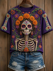 Día de las mujeres del esqueleto muerto floral impreso camiseta casual