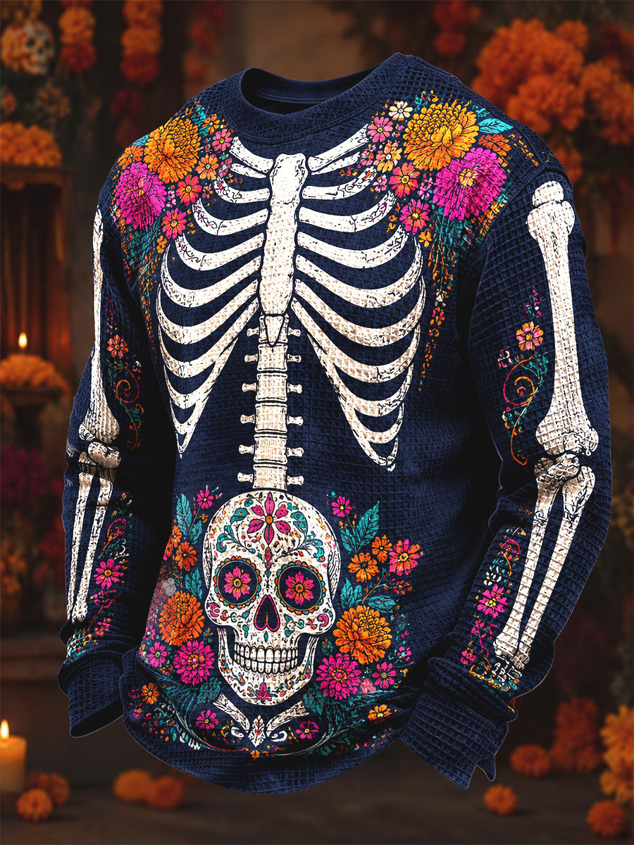 Camiseta casual de manga larga con estampado de calavera del Día de los Muertos para hombre