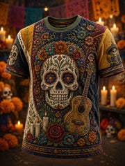 Día de los hombres del esqueleto muerto floral impreso camiseta casual