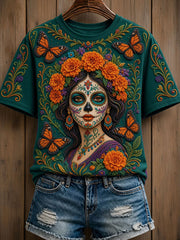 Camiseta informal con estampado floral de esqueleto del Día de Muertos para mujer