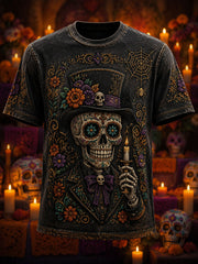 Camiseta casual con estampado floral de esqueleto del Día de los Muertos para hombre