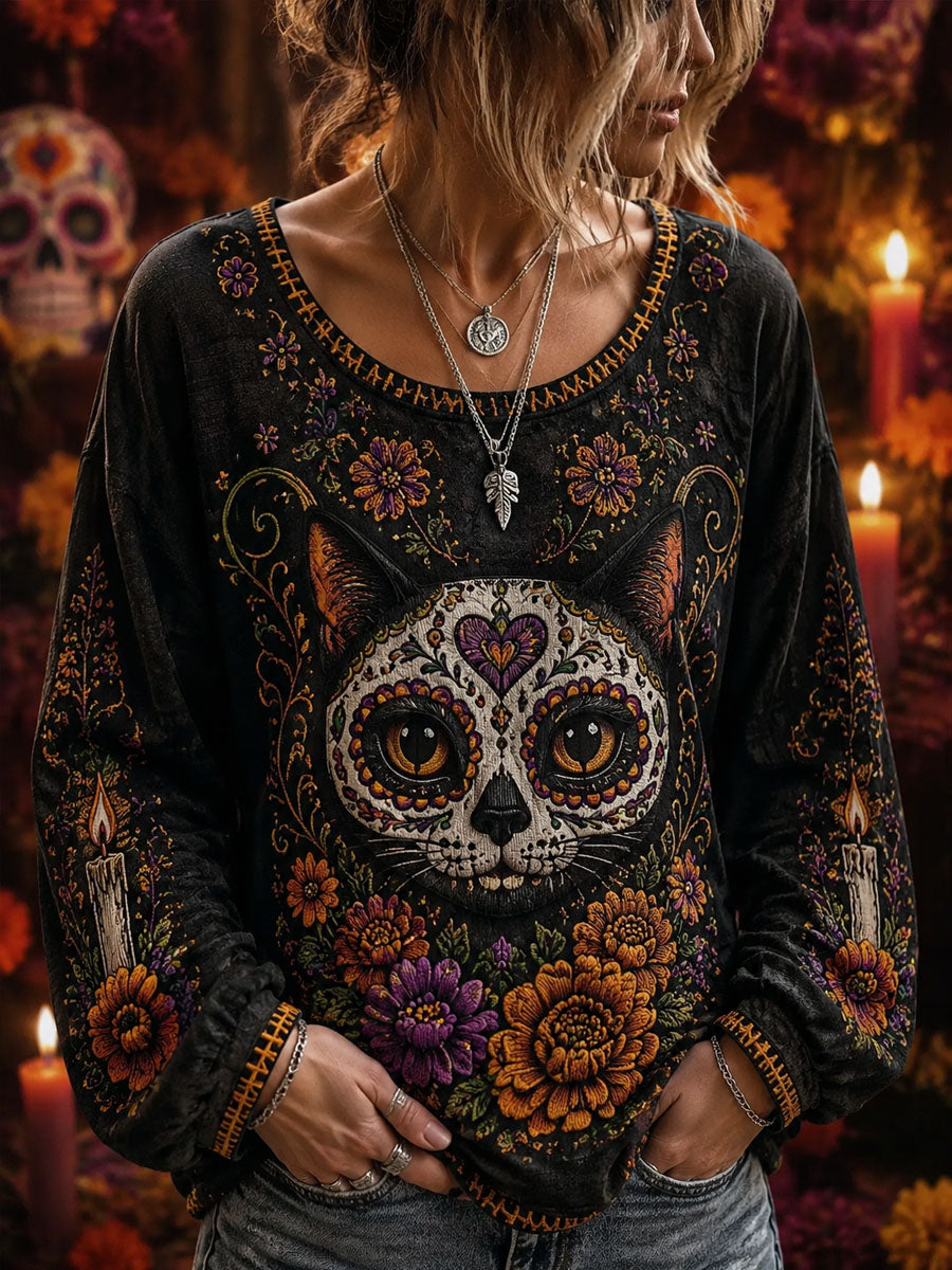 Camiseta de manga larga con estampado floral y esqueleto para mujer del Día de los Muertos