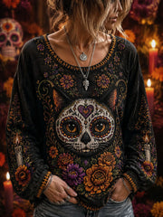 Camiseta de manga larga con estampado floral y esqueleto para mujer del Día de los Muertos