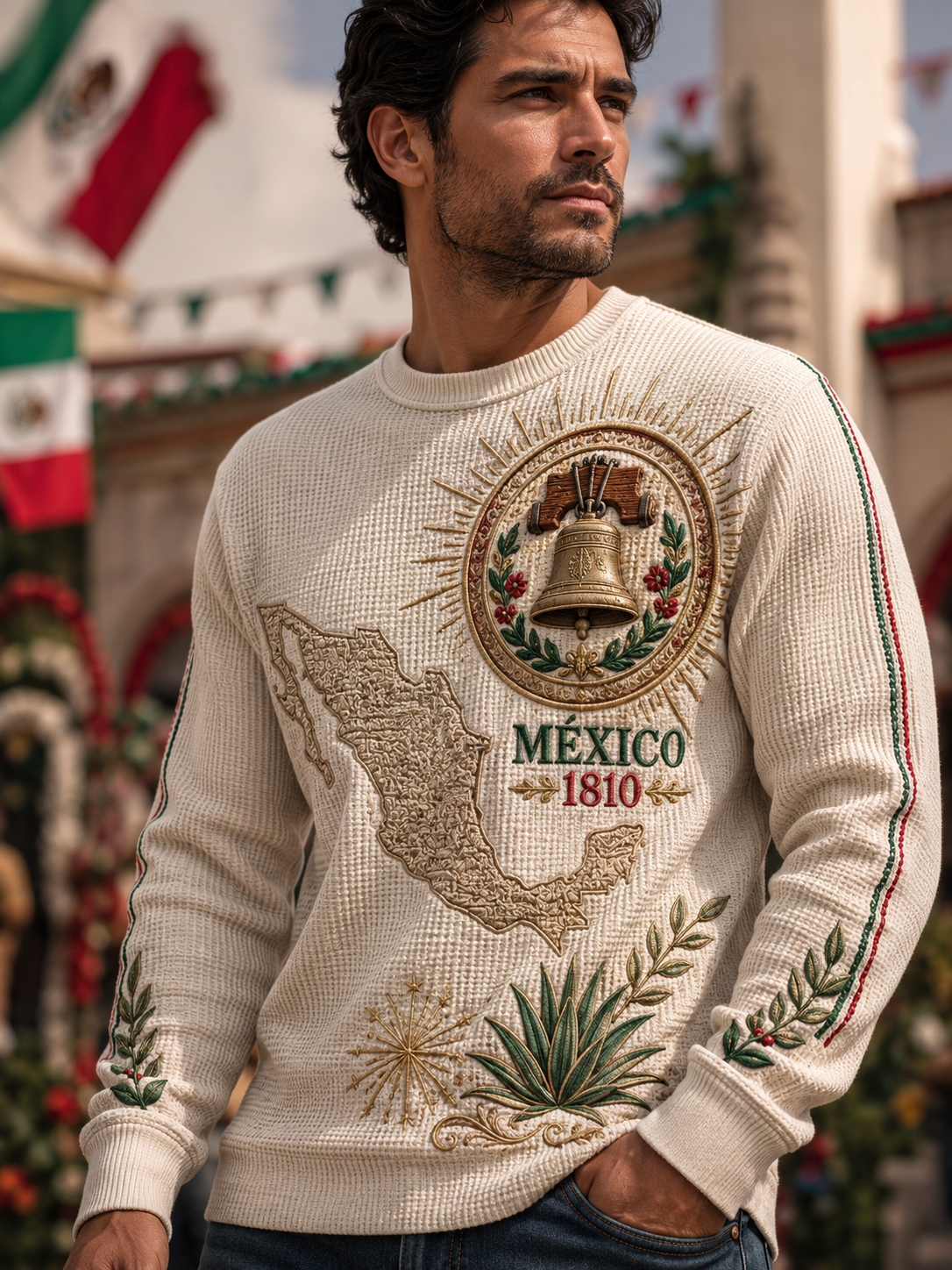 Camiseta de manga larga de waffle para el Día de la Independencia de México, estilo masculino