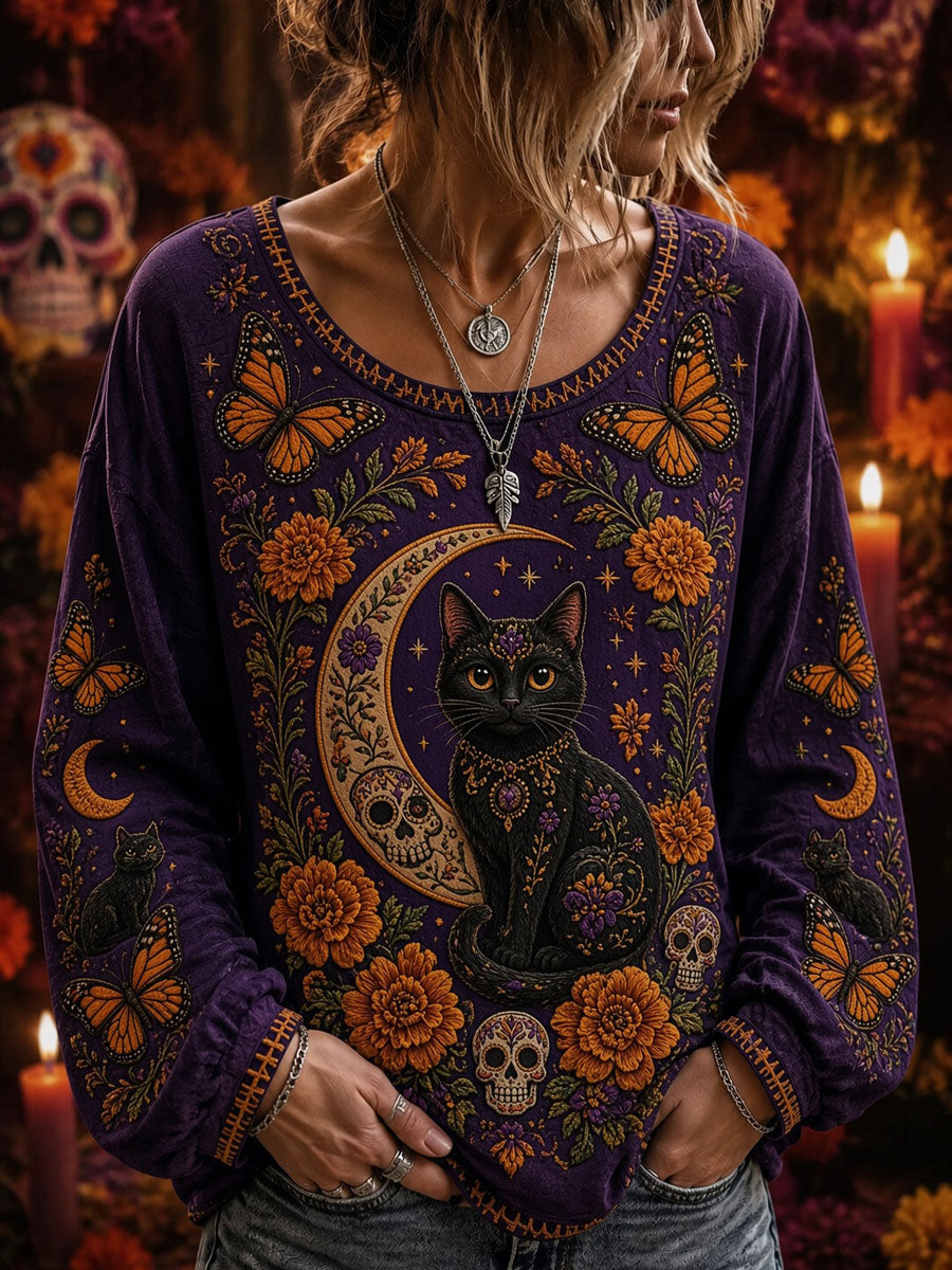 Camiseta informal de manga larga para mujer con estampado floral de esqueleto del Día de los Muertos