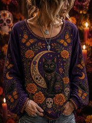 Camiseta informal de manga larga para mujer con estampado floral de esqueleto del Día de los Muertos