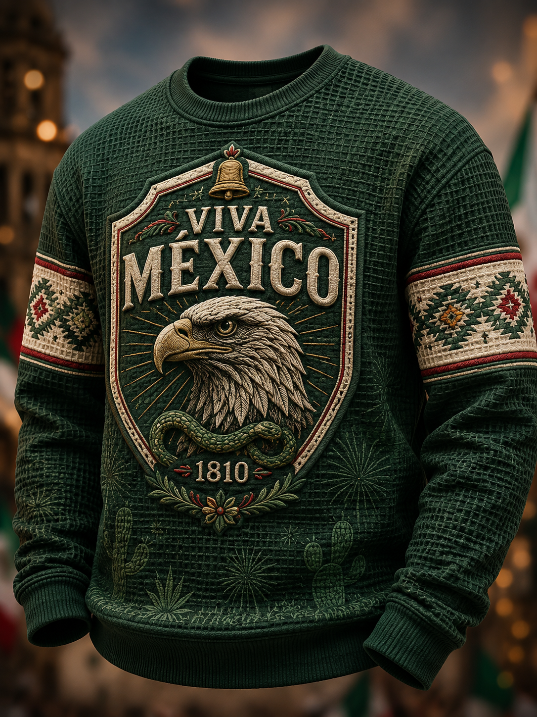 Camiseta de manga larga de waffle para el Día de la Independencia de México, estilo masculino