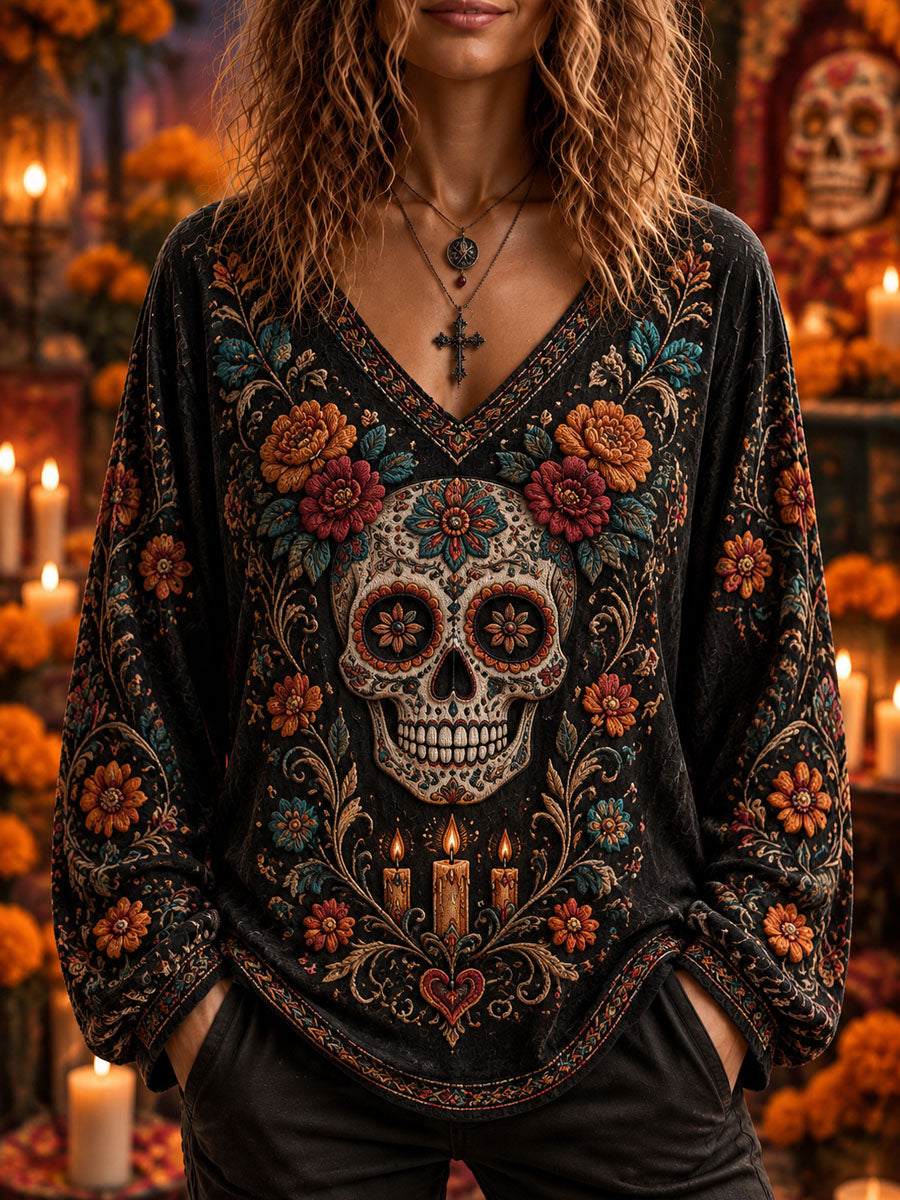 Camiseta larga casual con estampado de calavera del Día de Muertos para mujer