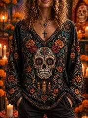 Camiseta larga casual con estampado de calavera del Día de Muertos para mujer