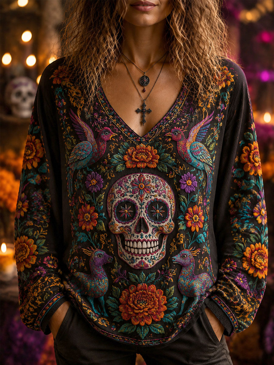 Camiseta larga casual con estampado de calavera del Día de Muertos para mujer