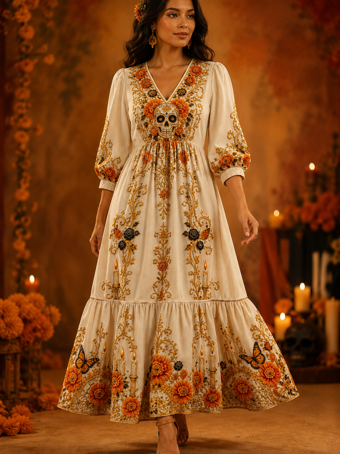 Vestido retro casual de algodón-lino para el Día de Muertos femenino