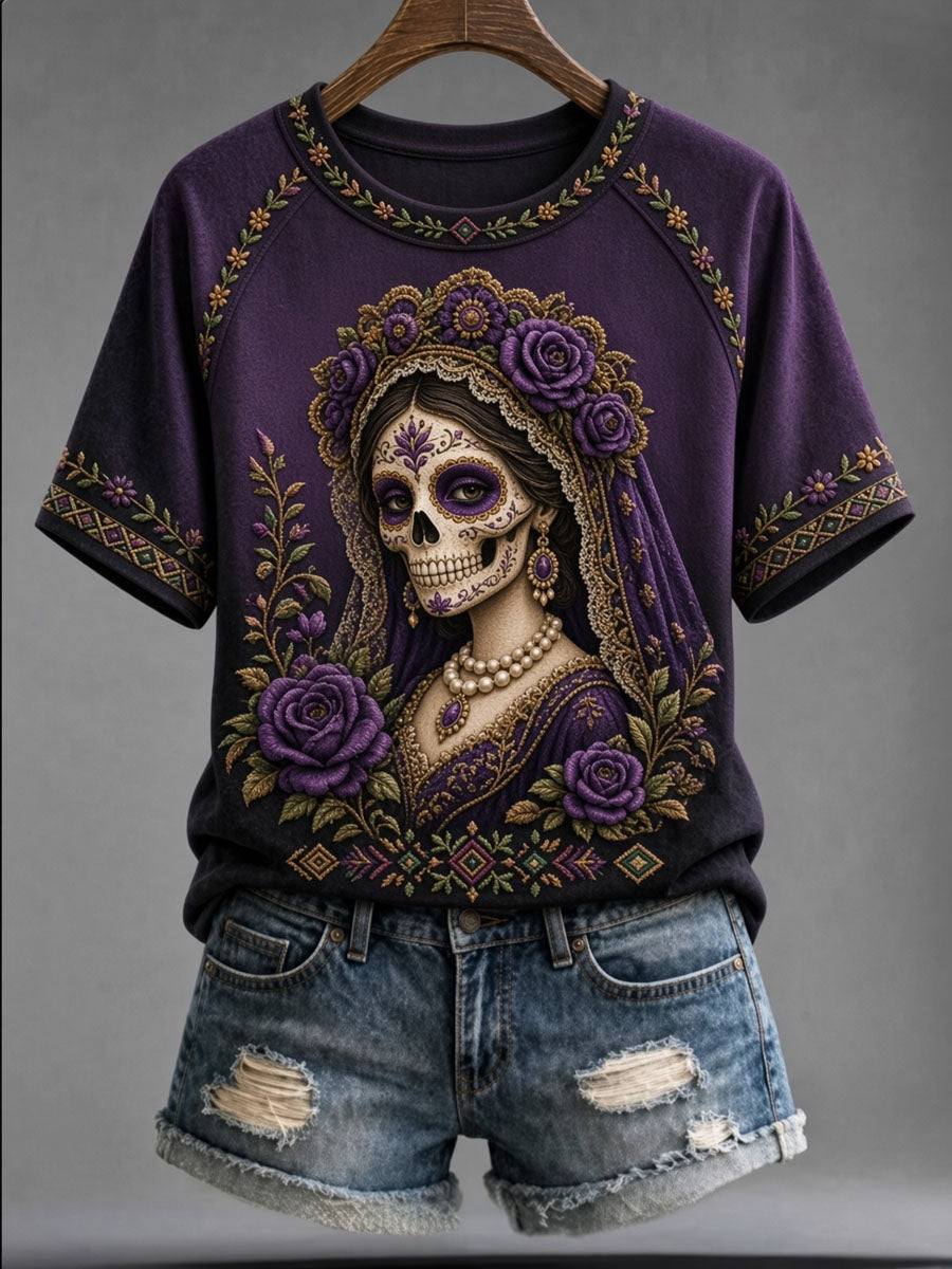 Camiseta casual de manga corta con estampado de calavera del Día de Muertos para mujer