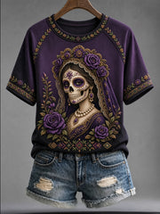 Camiseta casual de manga corta con estampado de calavera del Día de Muertos para mujer
