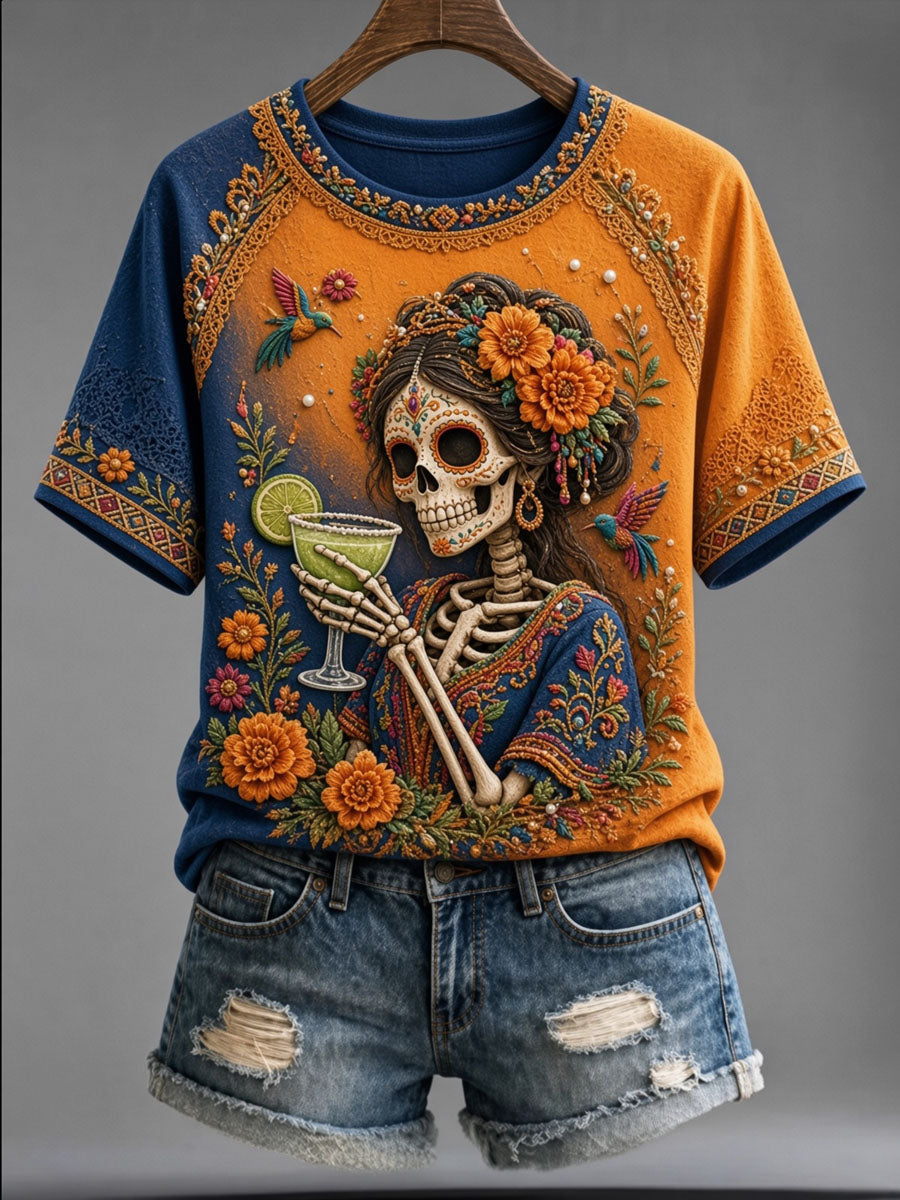 Camiseta casual de manga corta con estampado de calavera del Día de Muertos para mujer