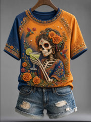 Camiseta casual de manga corta con estampado de calavera del Día de Muertos para mujer