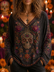 Camiseta larga casual con estampado de calavera del Día de Muertos para mujer