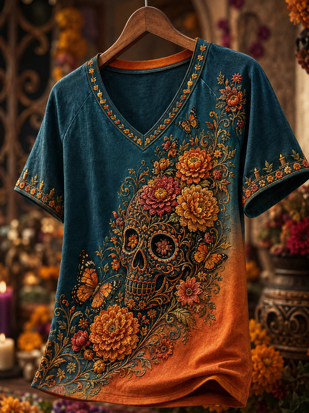 Camiseta de mujer con cuello en V y hombros descubiertos, de manga corta, inspirada en el Día de los Muertos