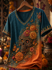 Camiseta de mujer con cuello en V y hombros descubiertos, de manga corta, inspirada en el Día de los Muertos