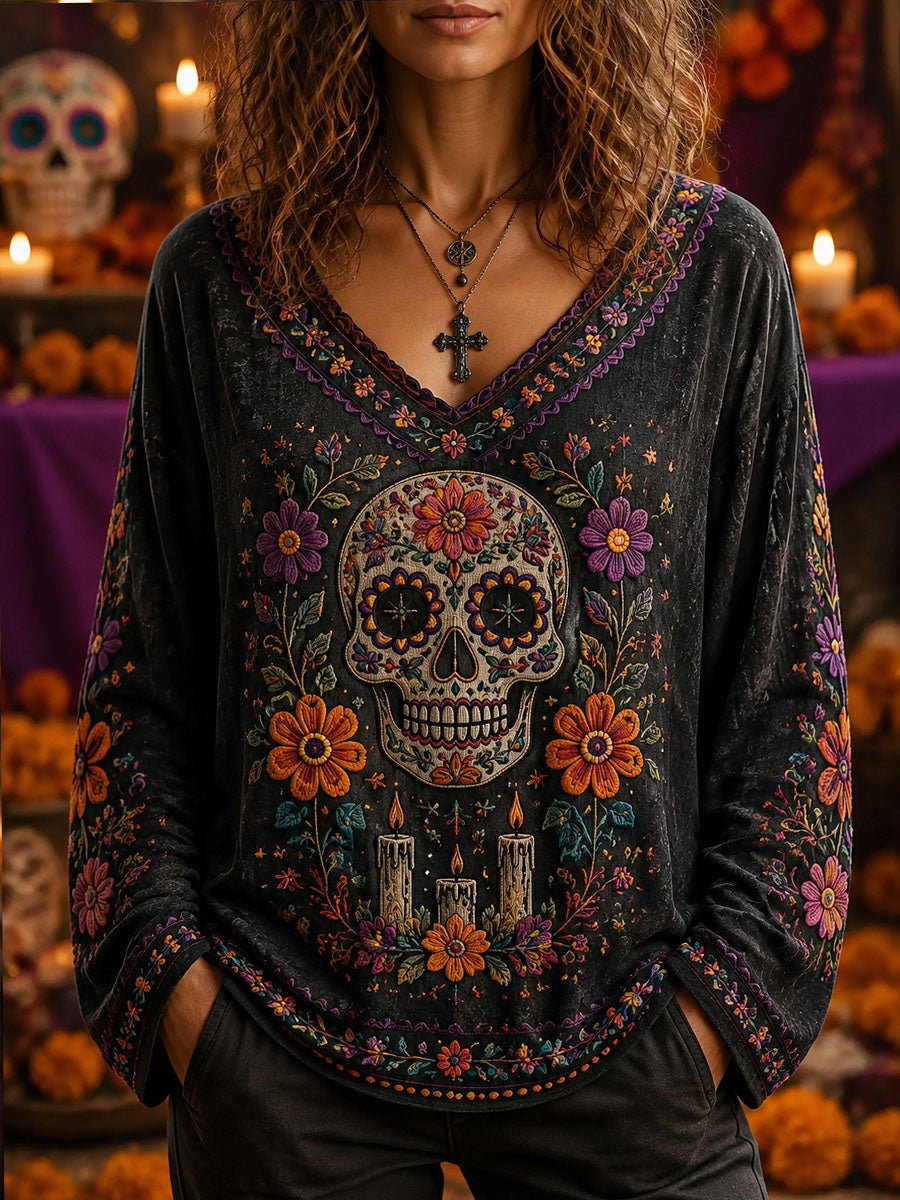 Camiseta larga casual con estampado de calavera del Día de Muertos para mujer