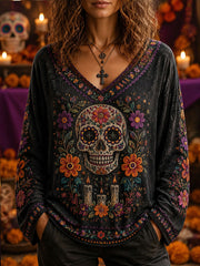 Camiseta larga casual con estampado de calavera del Día de Muertos para mujer
