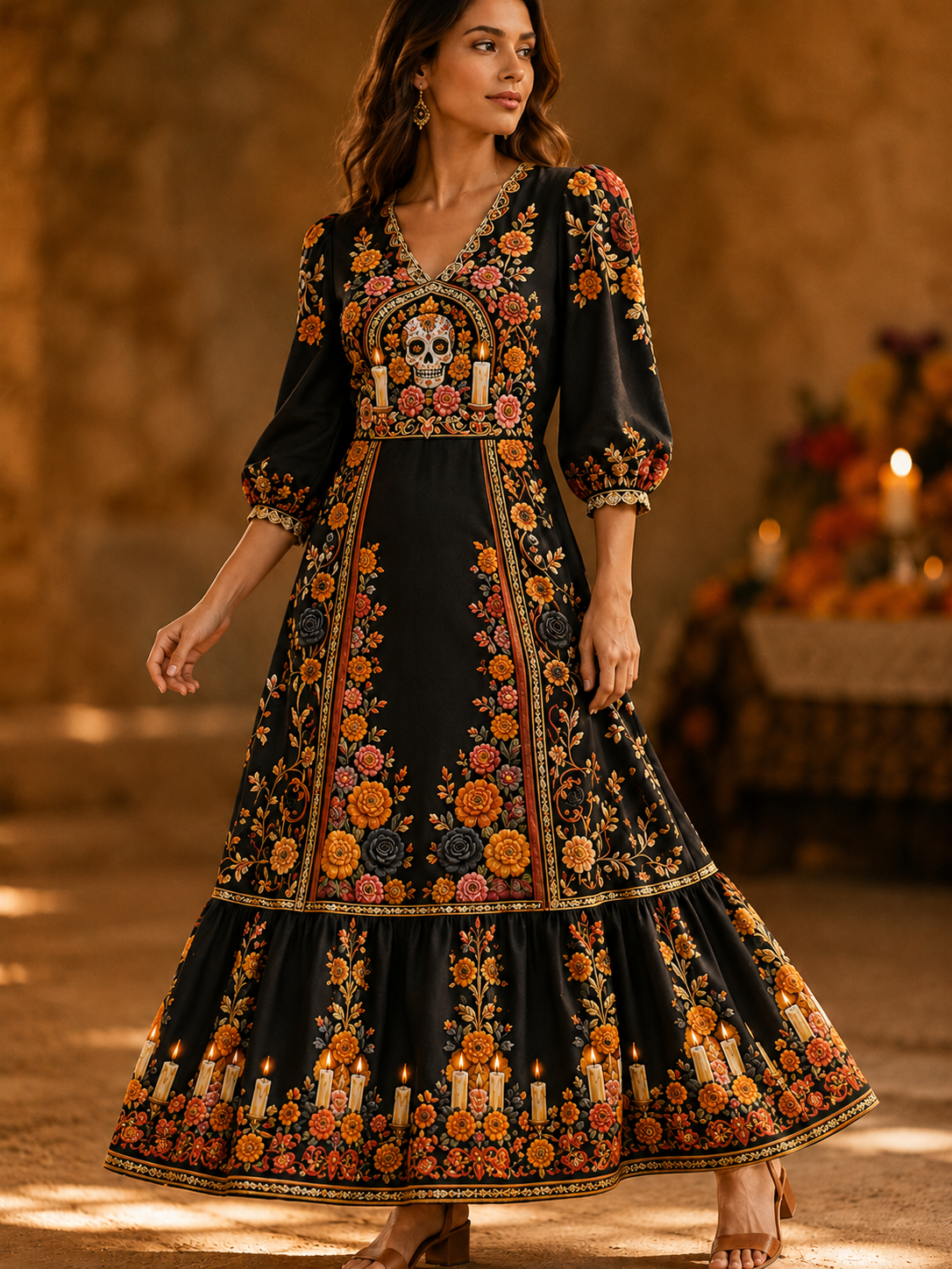 Vestido retro casual de algodón-lino para el Día de Muertos femenino