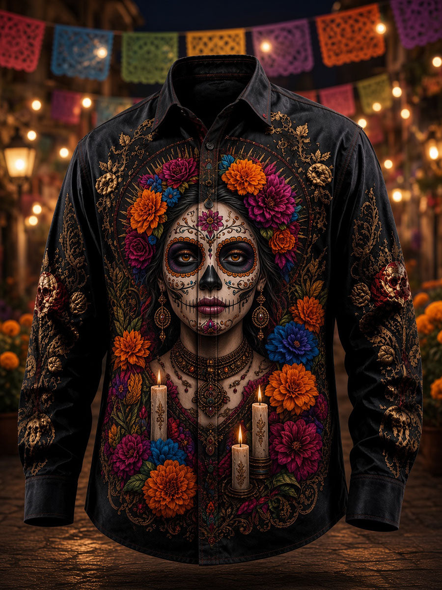 Camisa casual con estampado de calavera del Día de los Muertos para hombre