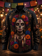 Camisa casual con estampado de calavera del Día de los Muertos para hombre