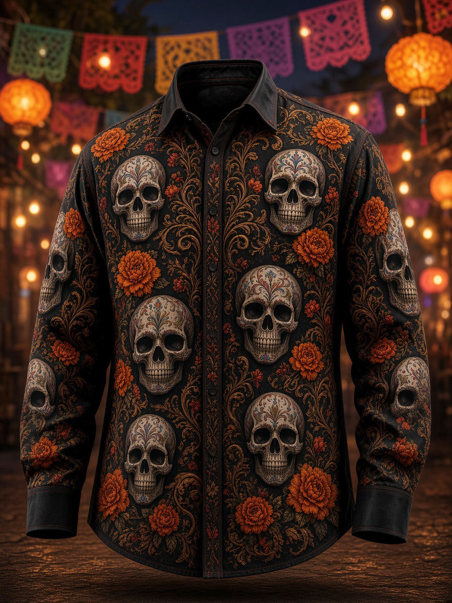 Camisa casual con estampado de calavera del Día de los Muertos para hombre