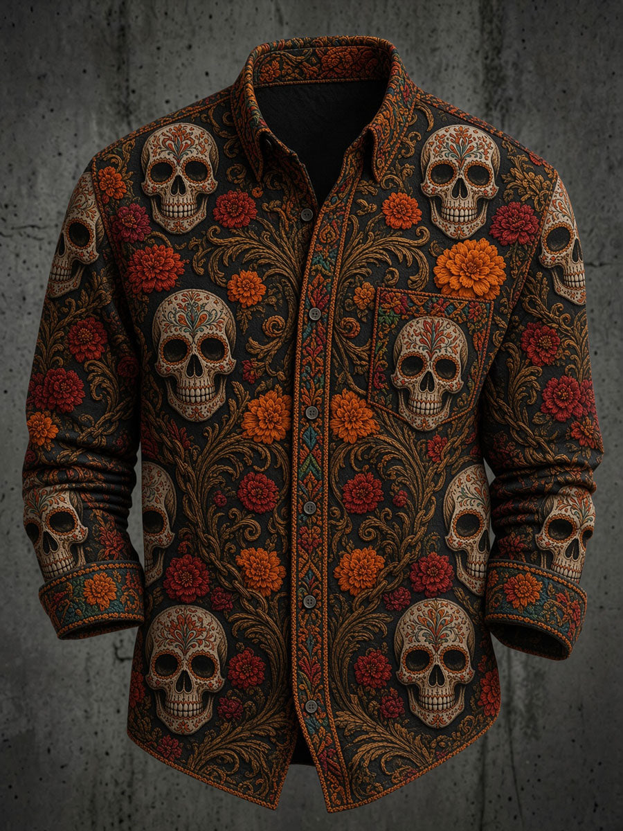 Camisa casual con estampado de calavera del Día de los Muertos para hombre