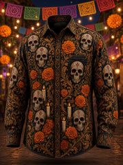 Camisa casual con estampado de calavera del Día de los Muertos para hombre