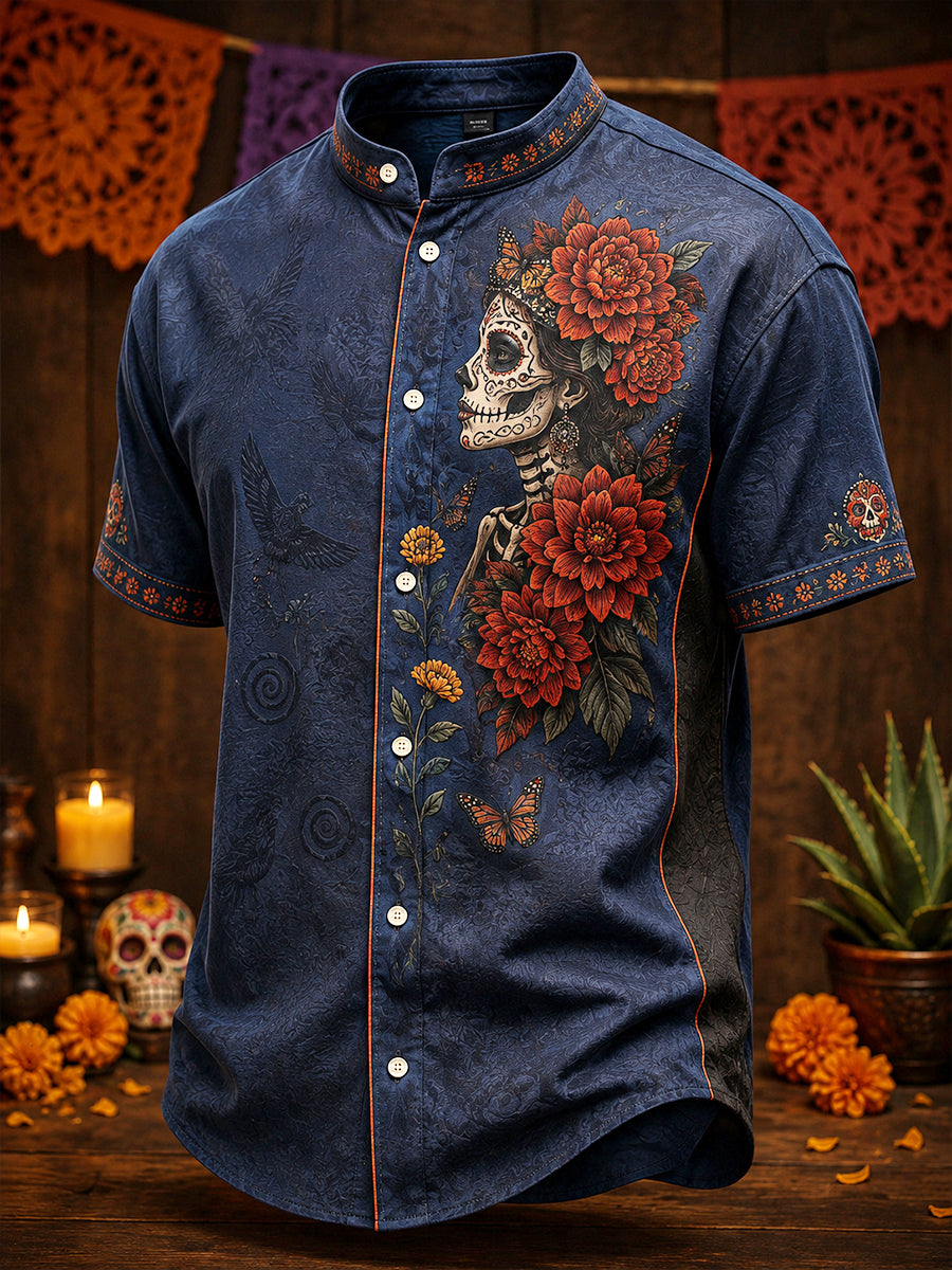 Camisa de lino para hombre con estampado floral mexicano del Día de los Muertos