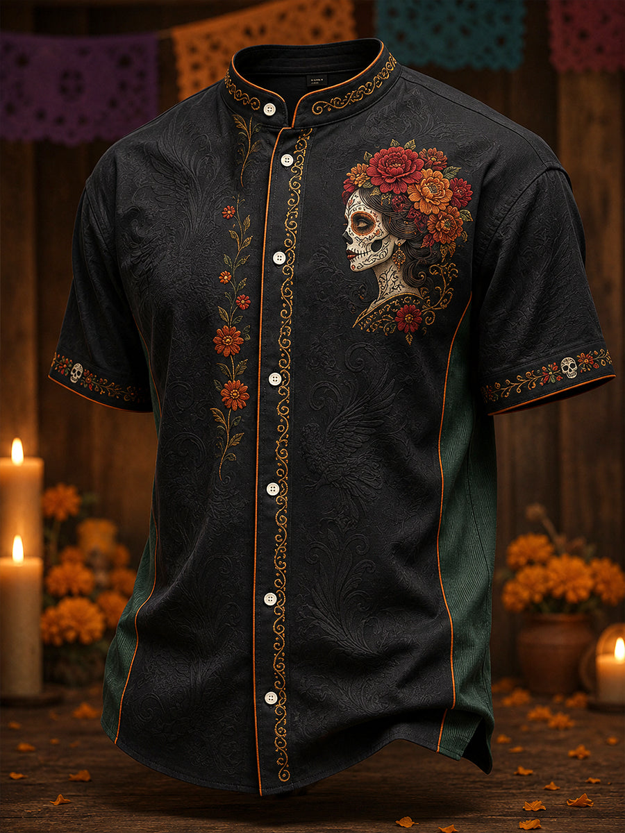 Camisa de lino para hombre con estampado floral mexicano del Día de los Muertos