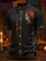 Camisa de lino para hombre con estampado floral mexicano del Día de los Muertos