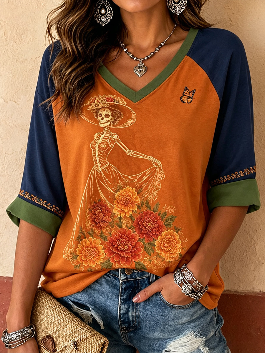 Camiseta de lino para mujer con estampado floral del Día de los Muertos mexicano