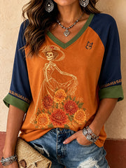 Camiseta de lino para mujer con estampado floral del Día de los Muertos mexicano