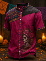 Camisa de lino para hombre con estampado floral mexicano del Día de los Muertos