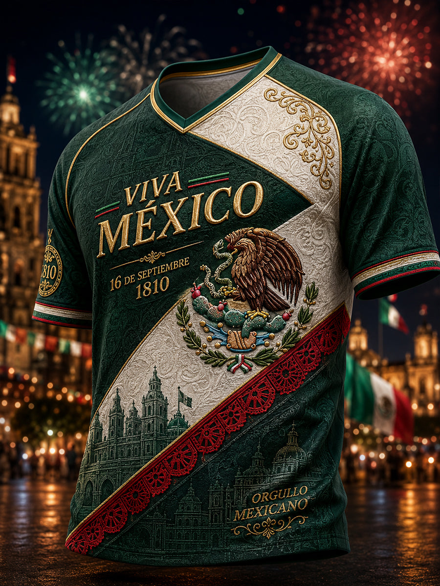 Camiseta de cuello en V para el Día de la Independencia de México, estilo masculino