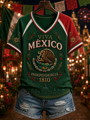 Camiseta de manga corta con diseño de la Independencia de México para mujer