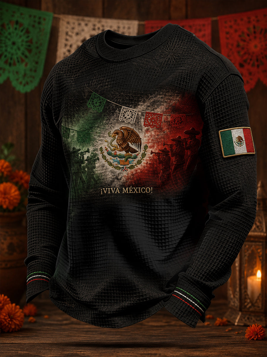 Sudadera de waffle con estampado artístico del Día de la Independencia de México para hombre