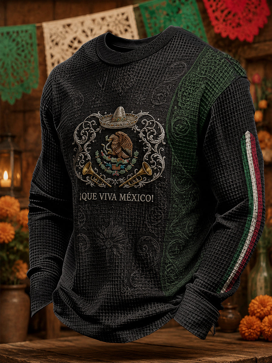 Sudadera de waffle con estampado artístico del Día de la Independencia de México para hombre
