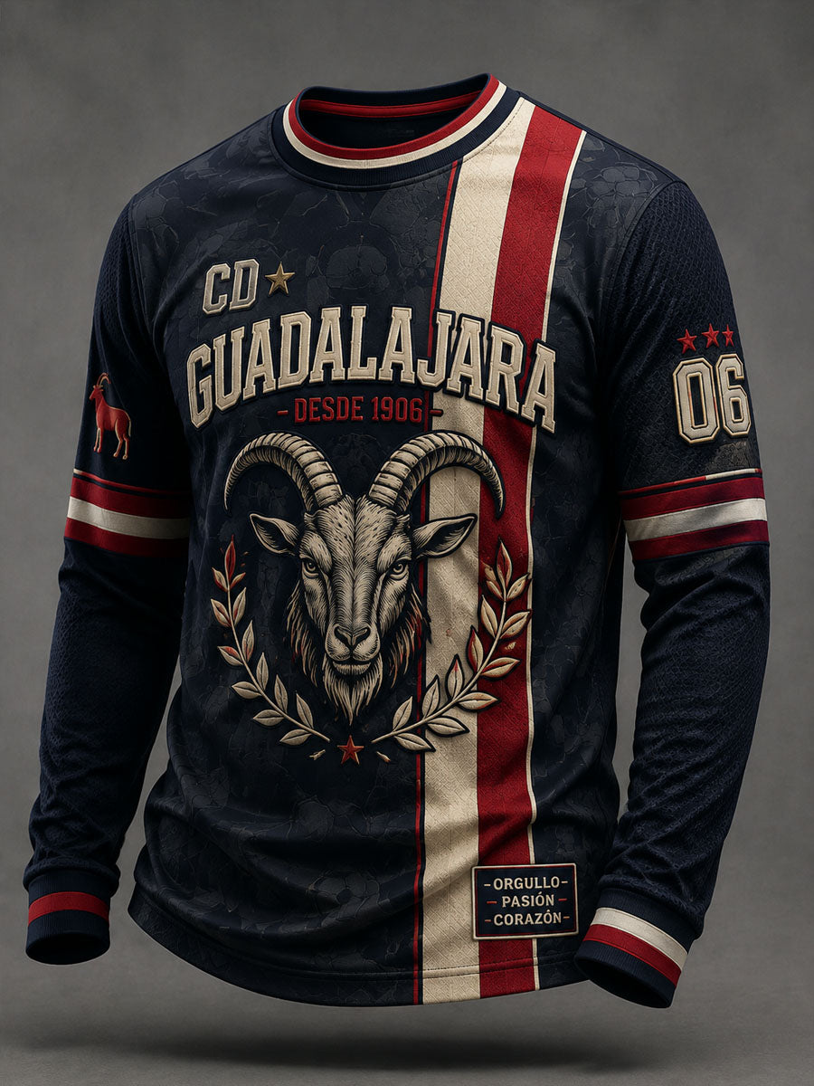 Camiseta casual de manga larga estampada con diseño del equipo de fútbol de Guadalajara para hombre