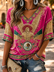 Camisa de lino con cuello en V y estampado del Día de la Independencia de México para mujer