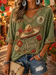 Camisa de lino con cuello en V y estampado del Día de la Independencia de México para mujer