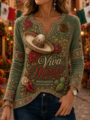 Camiseta de manga larga con cuello en V del Día de la Independencia de México