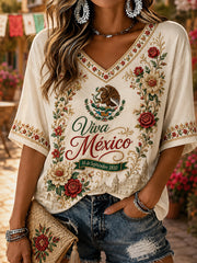 Camisa de lino con cuello en V y estampado del Día de la Independencia de México para mujer