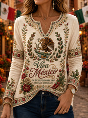 Camiseta de manga larga con cuello en V del Día de la Independencia de México