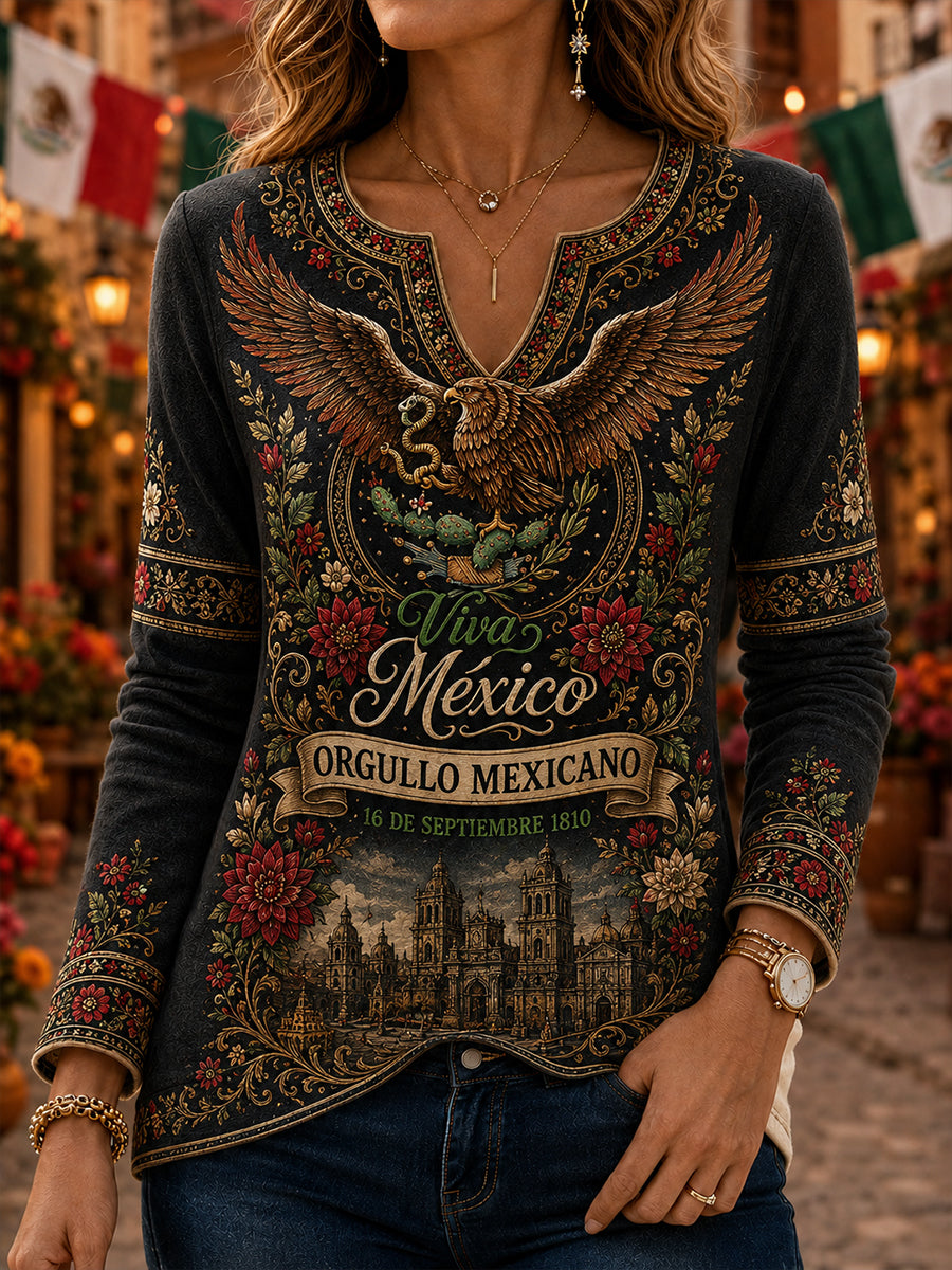 Mujer Mexican Independence Day V-Neck Long Sleeve