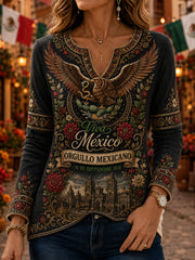 Mujer Mexican Independence Day V-Neck Long Sleeve