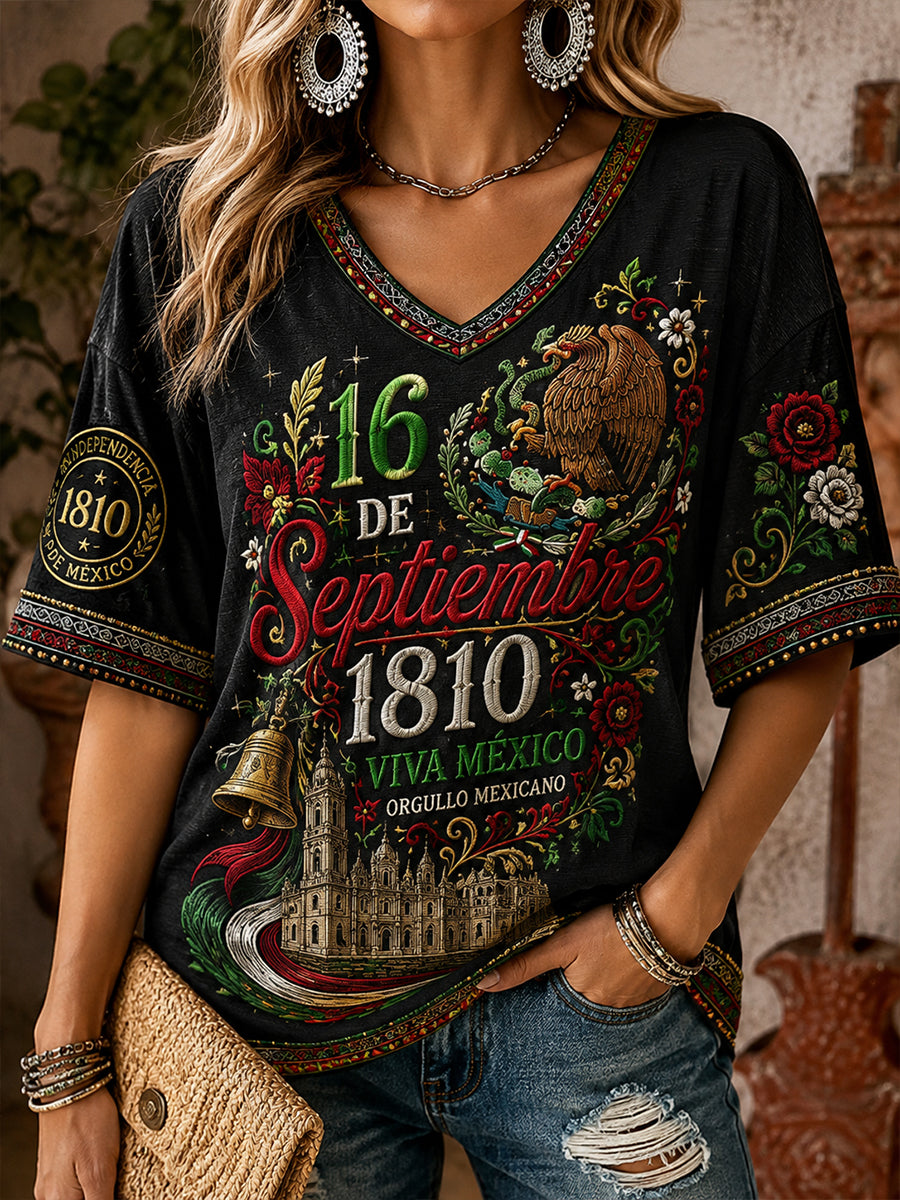 Camisa de lino con cuello en V y estampado del Día de la Independencia de México para mujer