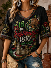 Camisa de lino con cuello en V y estampado del Día de la Independencia de México para mujer